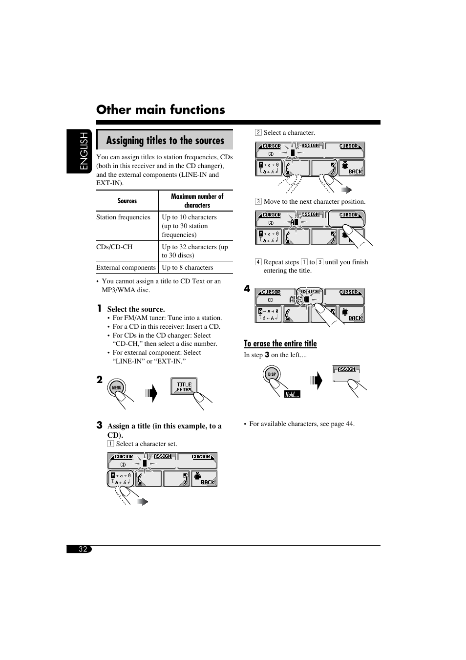 Titling sources, Other main functions, Assigning titles to the sources | English | JVC KD-LHX550 User Manual | Page 32 / 86