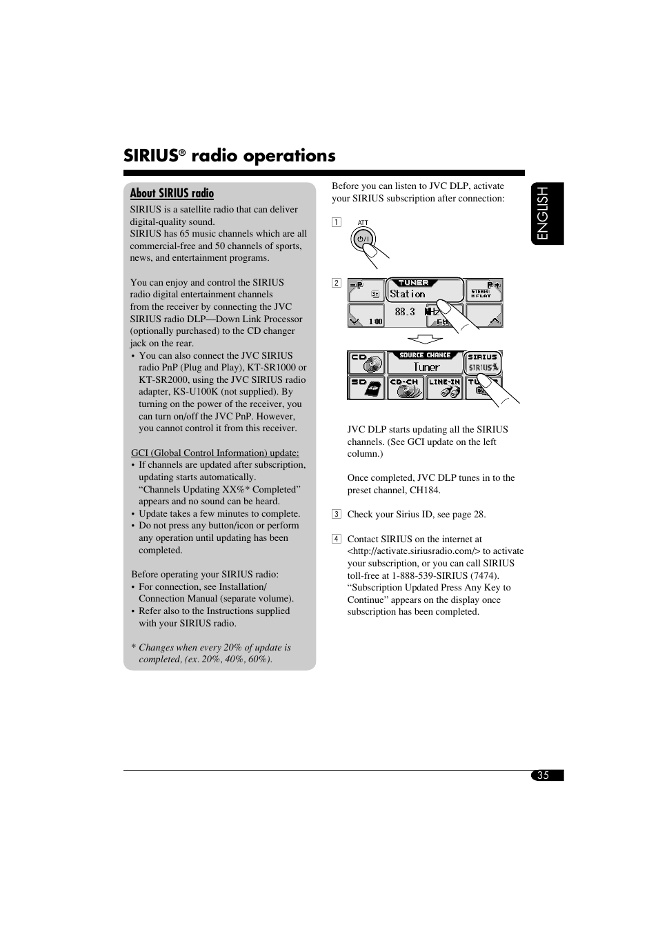Sirius radio control, Sirius, Radio operations | English | JVC KD-LHX550 User Manual | Page 35 / 86