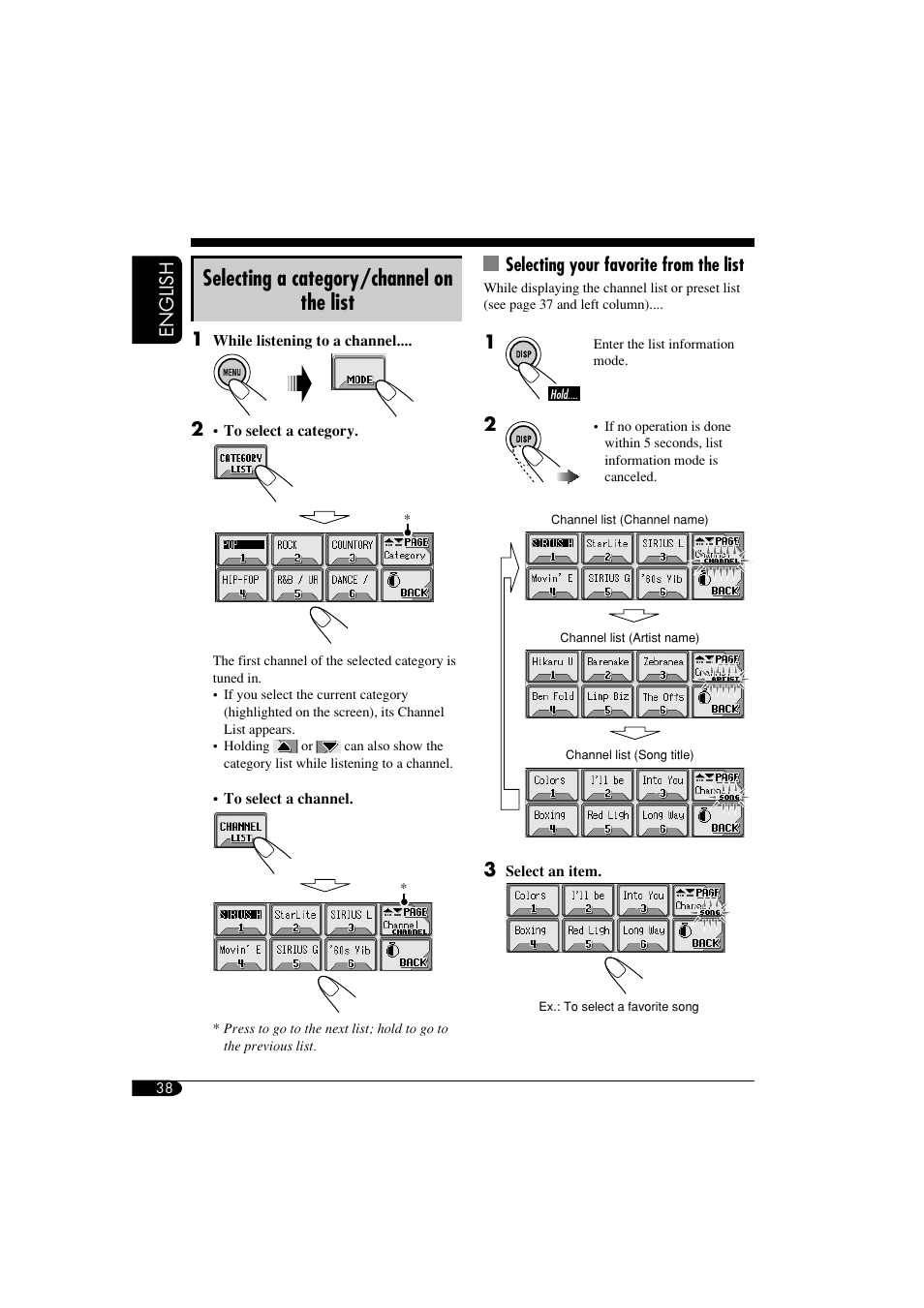 Selecting a category/channel on the list | JVC KD-LHX550 User Manual | Page 38 / 86