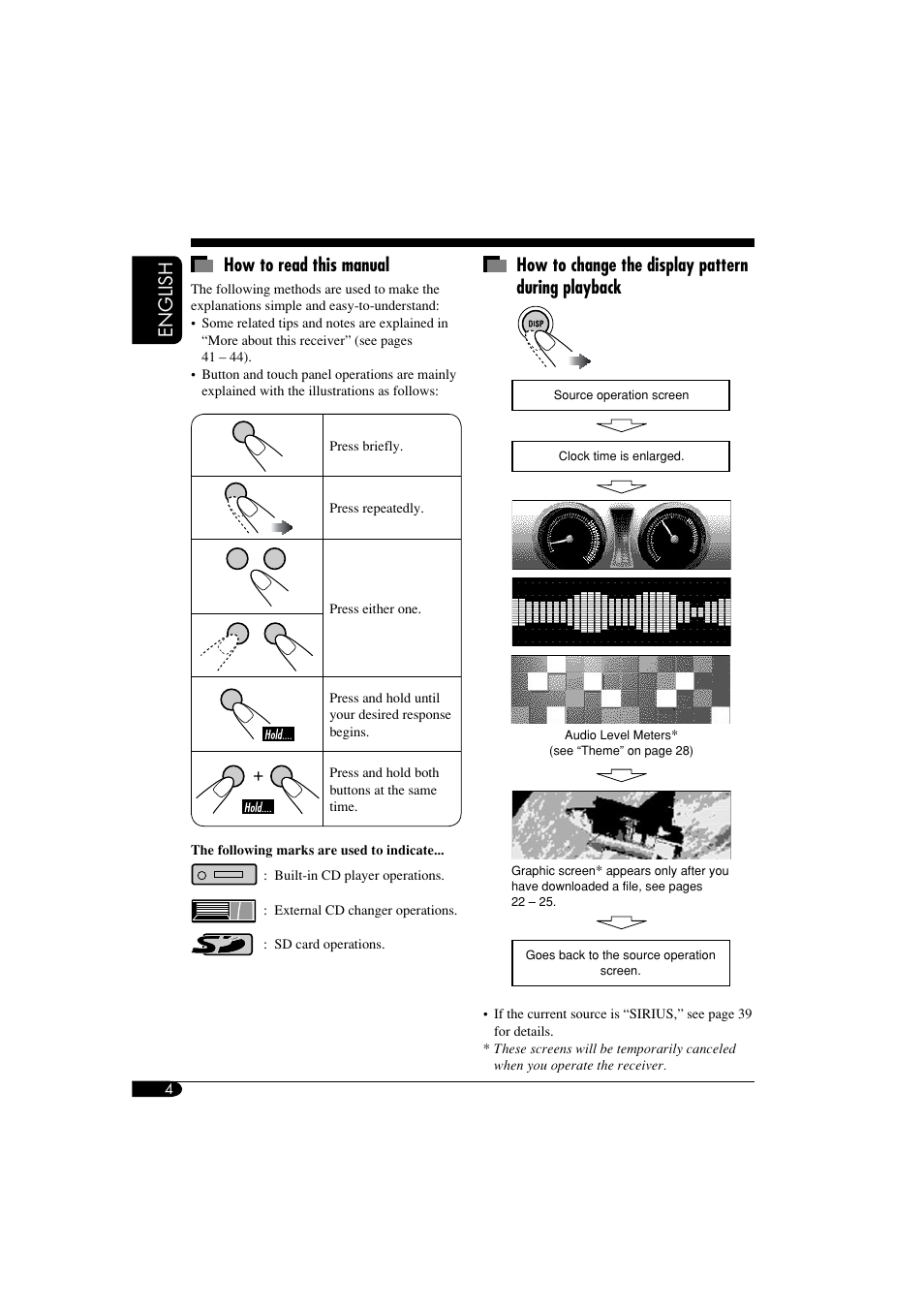 Conventions used in this manual, Changing display during playback, English how to read this manual | How to change the display pattern during playback | JVC KD-LHX550 User Manual | Page 4 / 86