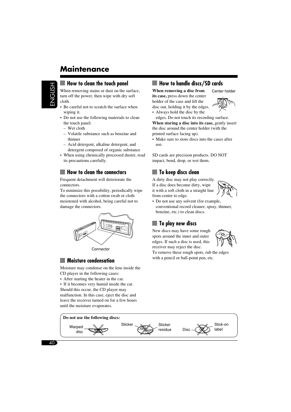 Maintenance, English, How to clean the touch panel | How to clean the connectors, Moisture condensation, How to handle discs/sd cards | JVC KD-LHX550 User Manual | Page 40 / 86