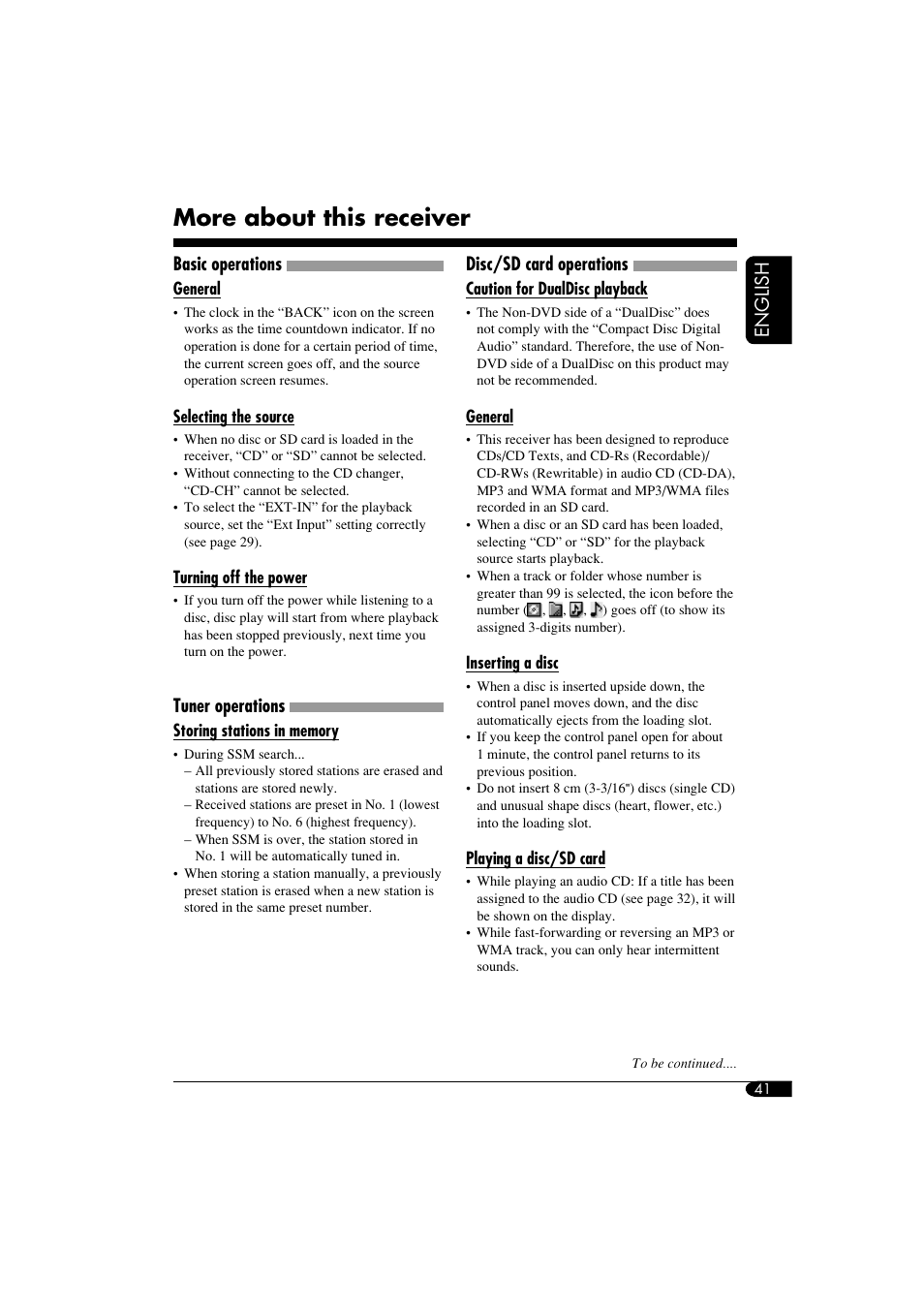 Additional information, Source selection, Power off | Tuner operations, Disc / sd operation, More about this receiver, English, Basic operations, Disc/sd card operations | JVC KD-LHX550 User Manual | Page 41 / 86