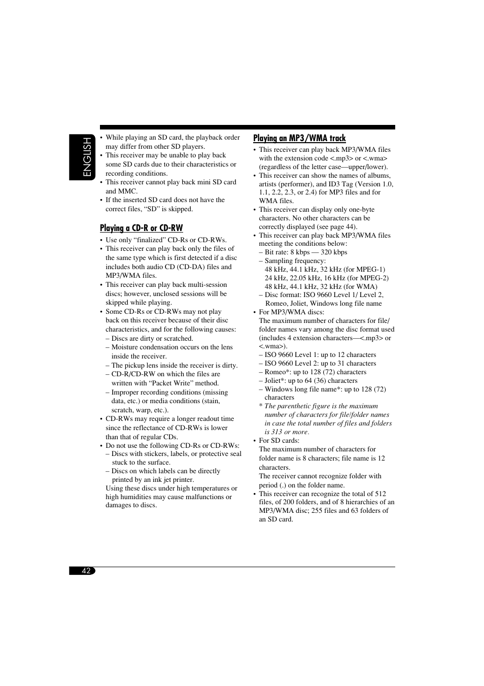 Disc / audio format compatibility, English | JVC KD-LHX550 User Manual | Page 42 / 86