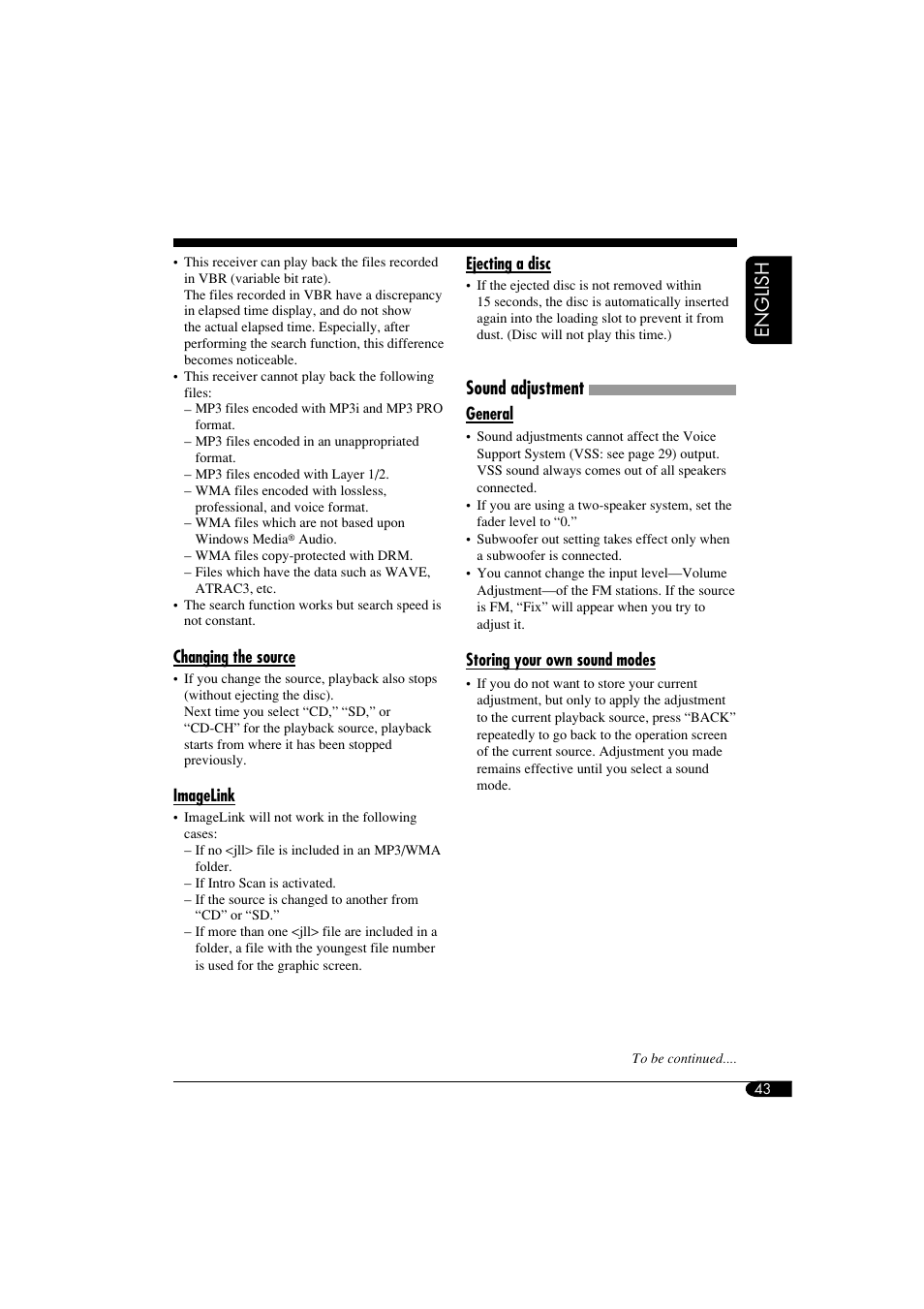 Imagelink, Sound adjustments, Storing your own sound modes | English, Sound adjustment | JVC KD-LHX550 User Manual | Page 43 / 86