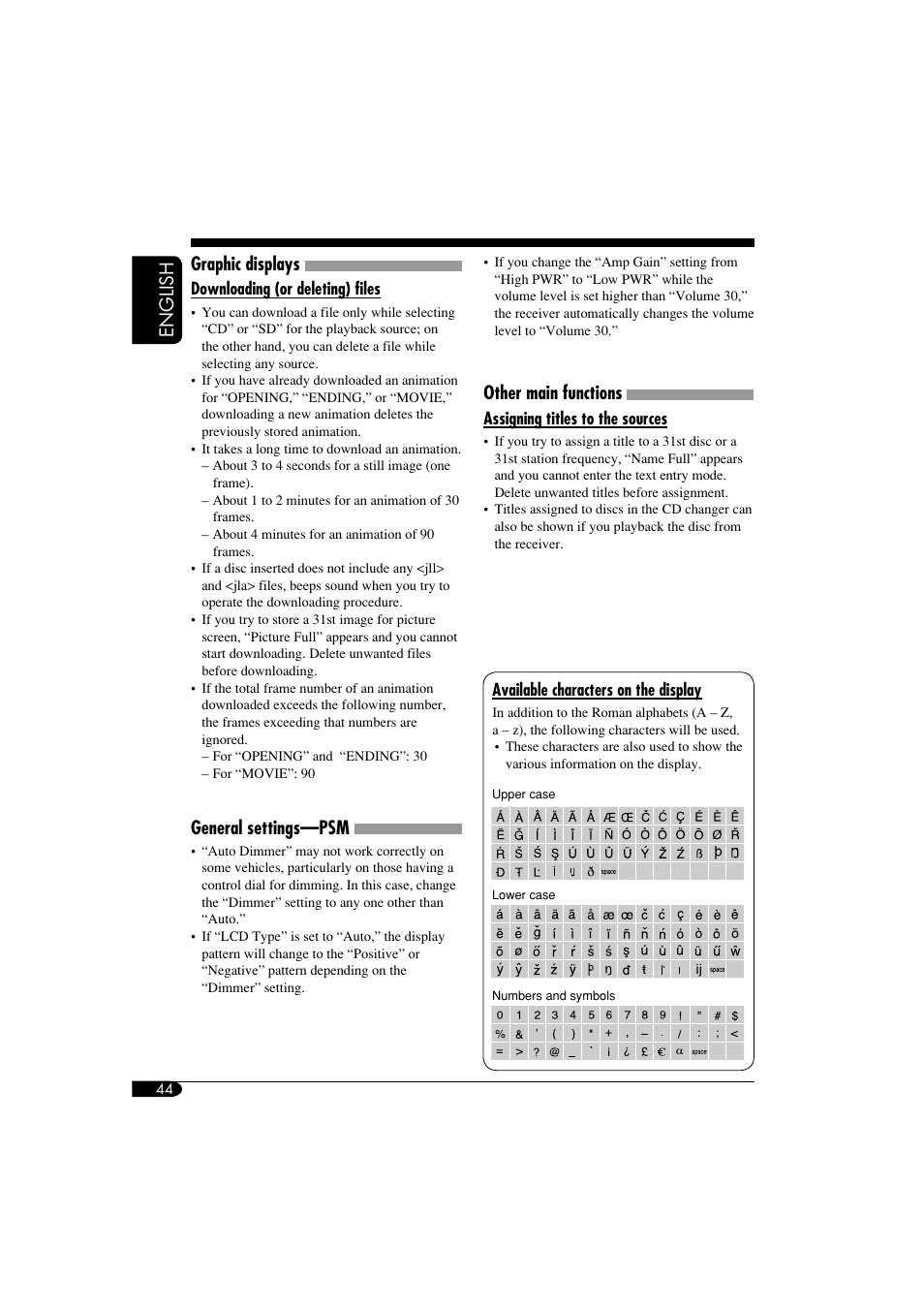 Graphic displays, Preferred settings menu, Available characters on the display | English graphic displays, General settings—psm, Other main functions | JVC KD-LHX550 User Manual | Page 44 / 86