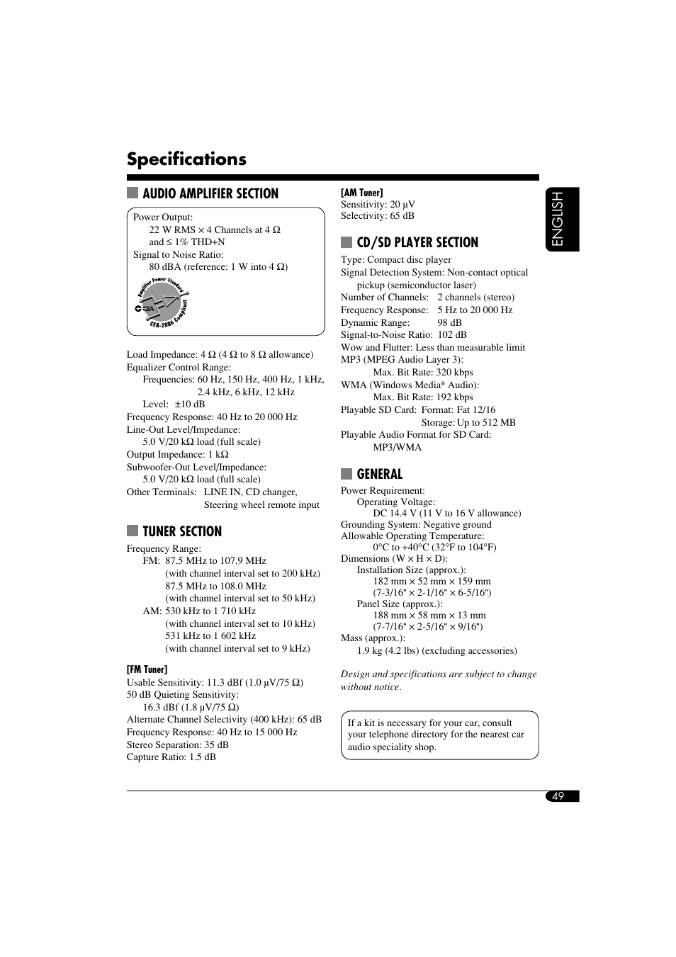 Specs, Specifications, English | General | JVC KD-LHX550 User Manual | Page 49 / 86