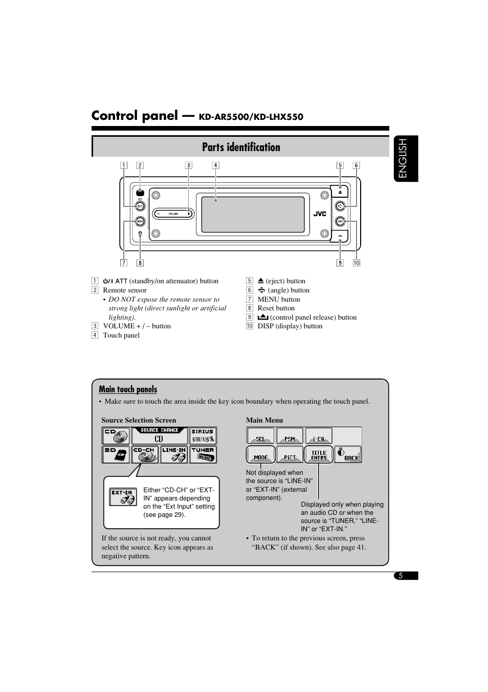 Parts & controls, Front panel controls, Main touch panel | Control panel, Parts identification, English | JVC KD-LHX550 User Manual | Page 5 / 86