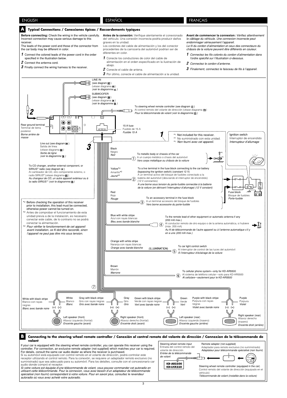 Wiring, English, Español français | JVC KD-LHX550 User Manual | Page 53 / 86