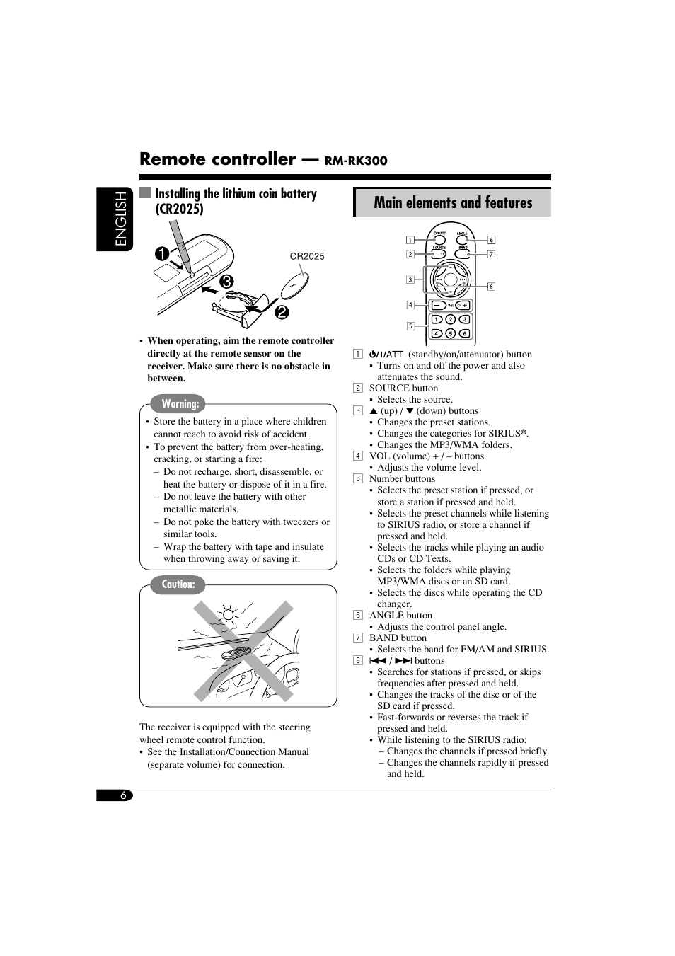 Remote, Remote controller, Main elements and features | English, Installing the lithium coin battery (cr2025) | JVC KD-LHX550 User Manual | Page 6 / 86