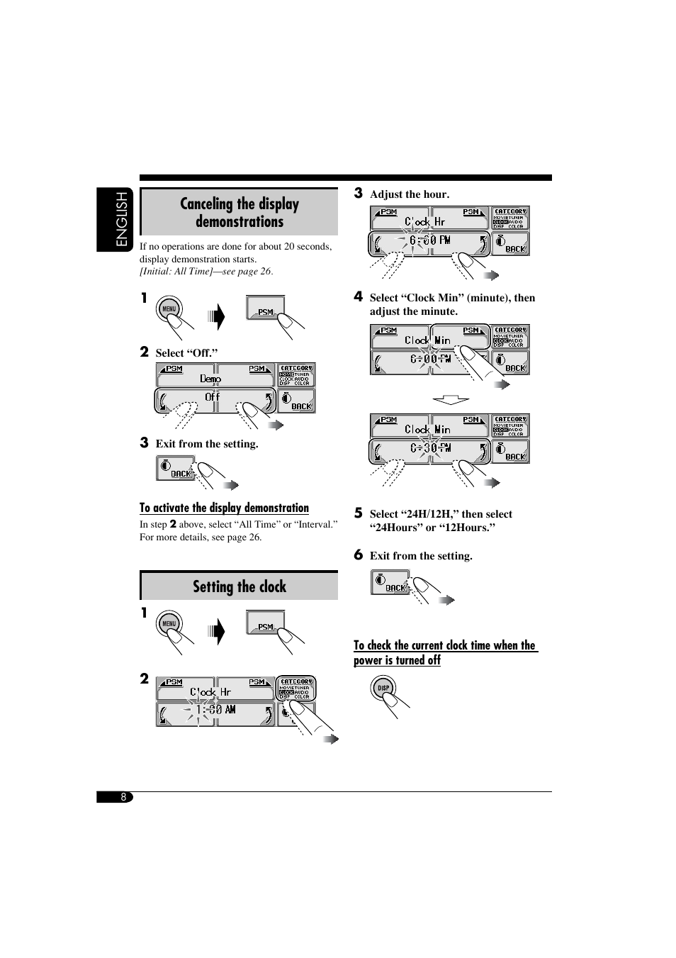 Clock set, Canceling demo mode, Canceling the display demonstrations | Setting the clock | JVC KD-LHX550 User Manual | Page 8 / 86