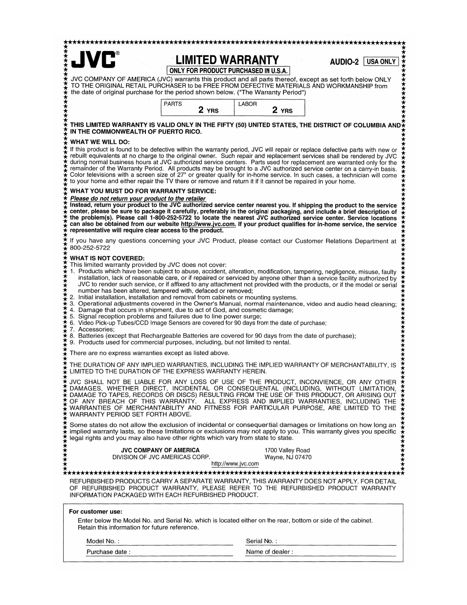 Warranty | JVC KD-LHX550 User Manual | Page 86 / 86