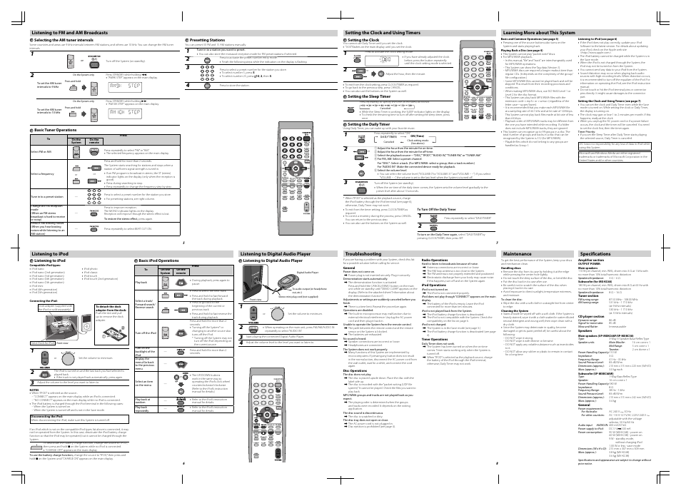 Listening to fm and am broadcasts, Selecting the am tuner intervals, Basic tuner operations | Presetting stations, Listening to ipod, Basic ipod operations, Listening to digital audio player, Setting the clock and using timers, Setting the clock, Setting the daily timer | JVC 0510WMKMDWJMM User Manual | Page 2 / 2