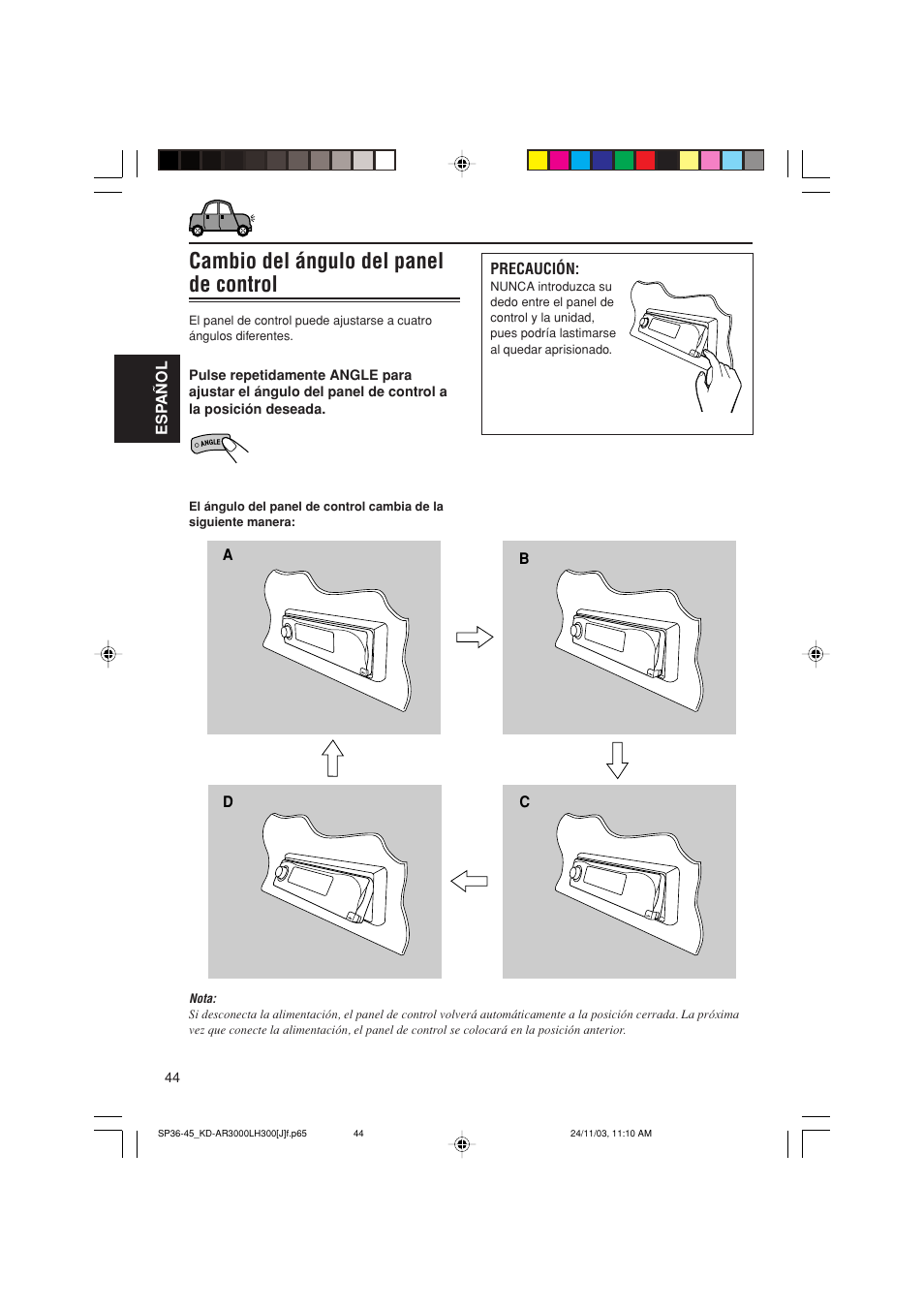 Cambio del ángulo del panel de control | JVC GET0201-001A User Manual | Page 100 / 171