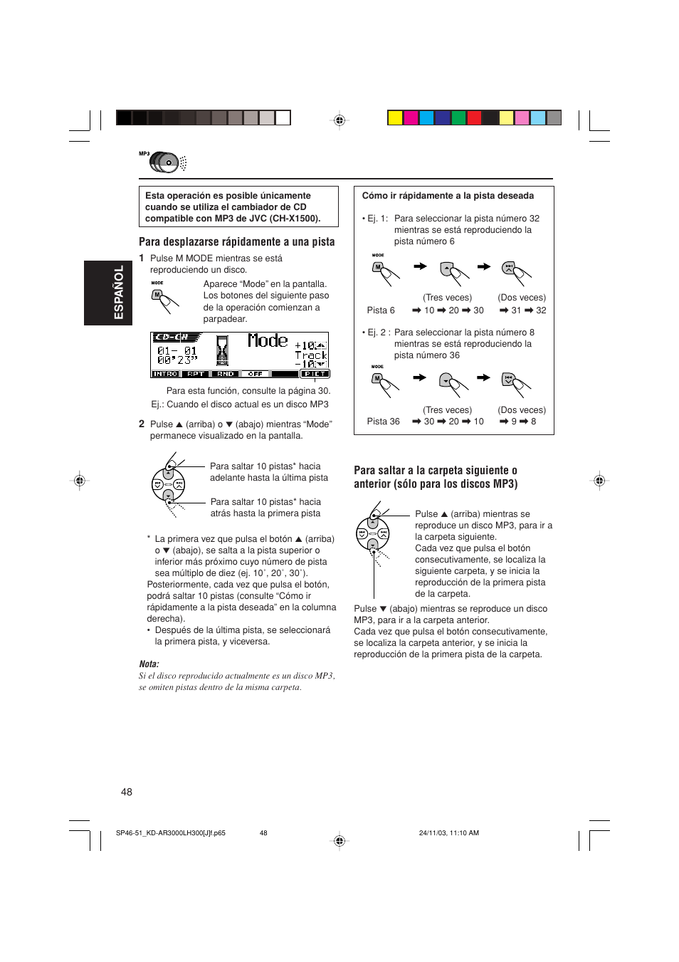 Esp añol, Para desplazarse rápidamente a una pista | JVC GET0201-001A User Manual | Page 104 / 171