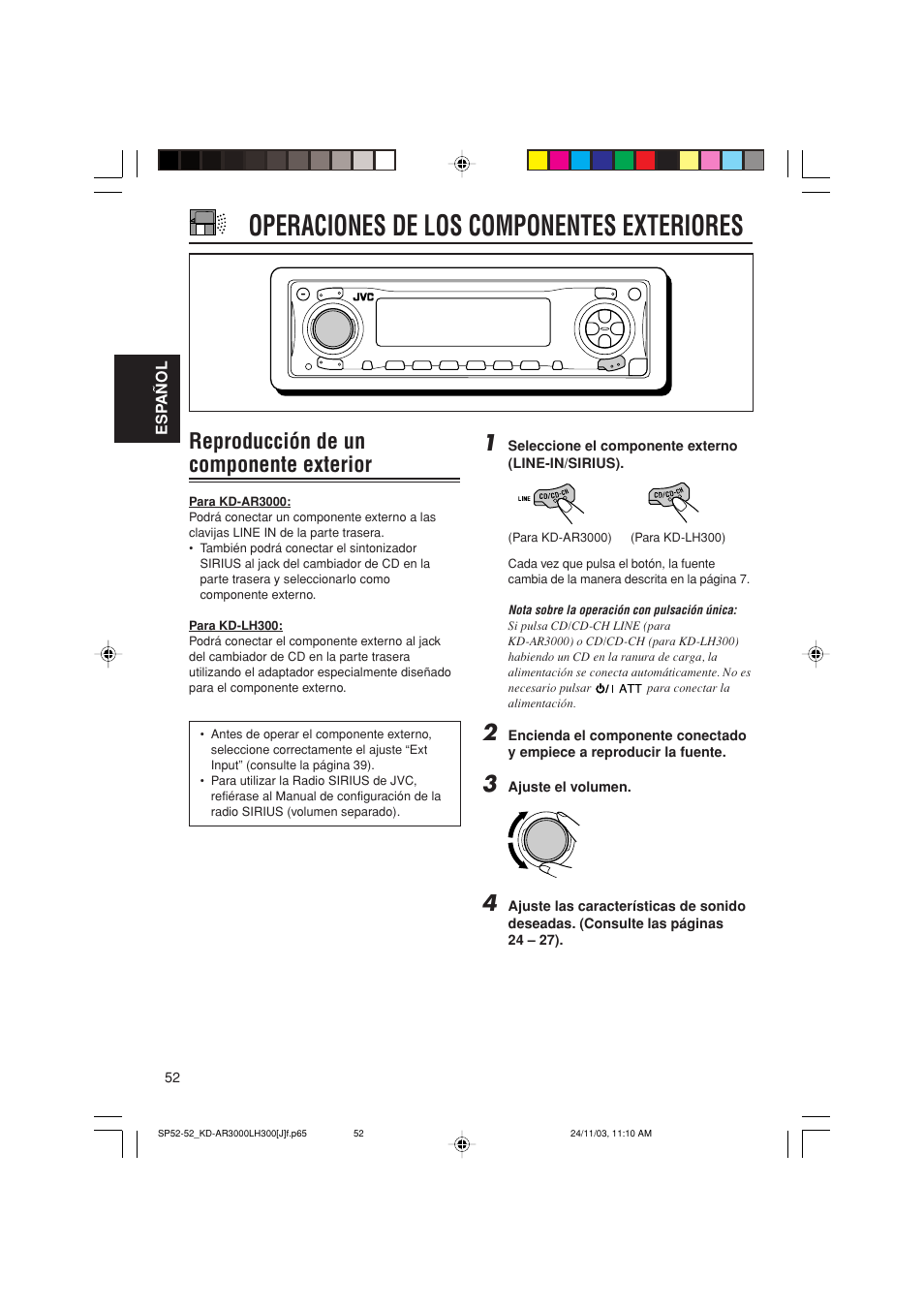 Operaciones de los componentes exteriores, Reproducción de un componente exterior | JVC GET0201-001A User Manual | Page 108 / 171