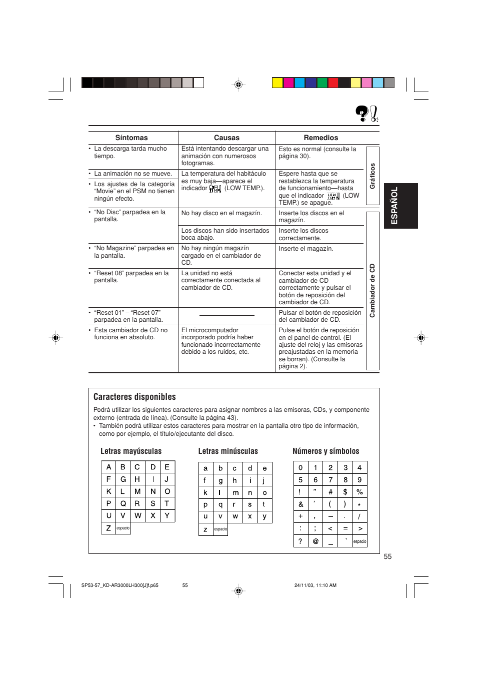 Caracteres disponibles, Esp añol | JVC GET0201-001A User Manual | Page 111 / 171
