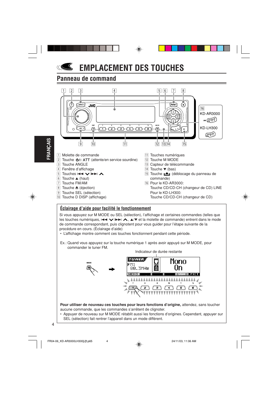 Emplacement des touches, Panneau de command | JVC GET0201-001A User Manual | Page 116 / 171