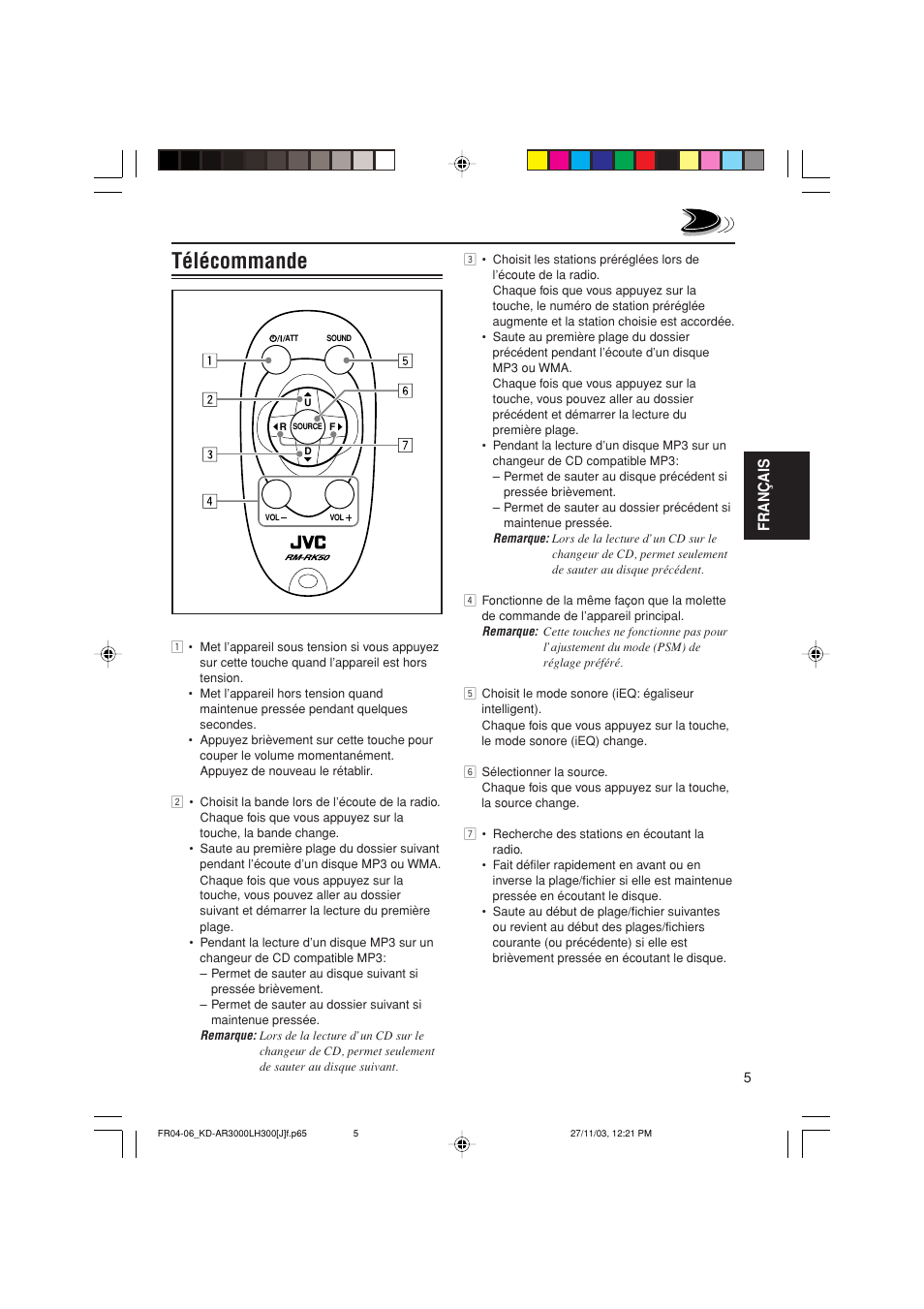 Télécommande, Français | JVC GET0201-001A User Manual | Page 117 / 171