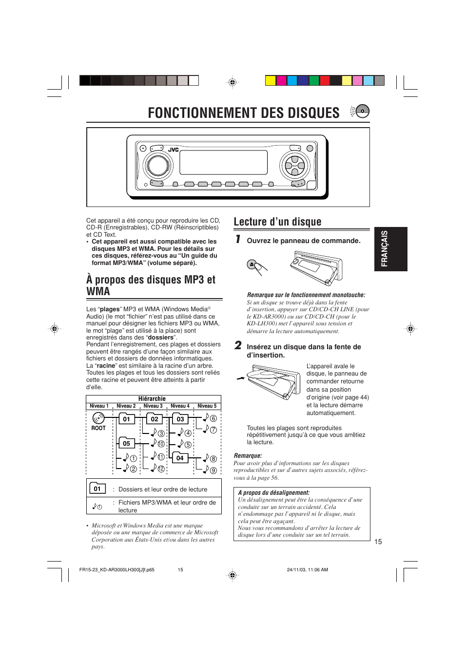 Fonctionnement des disques, À propos des disques mp3 et wma, Lecture d’un disque 1 | JVC GET0201-001A User Manual | Page 127 / 171