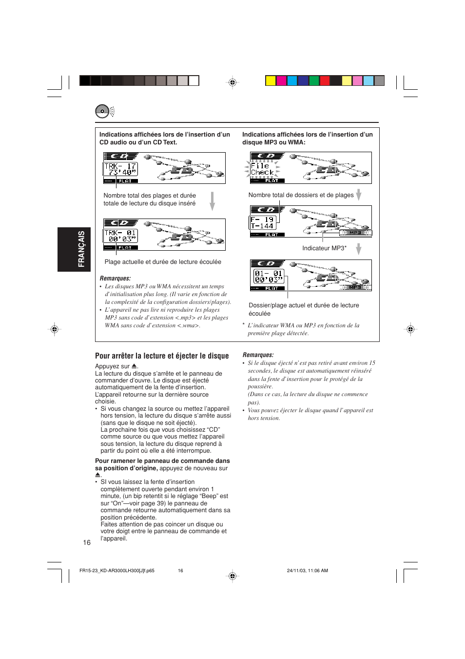 Fran ç ais, Pour arrêter la lecture et éjecter le disque | JVC GET0201-001A User Manual | Page 128 / 171