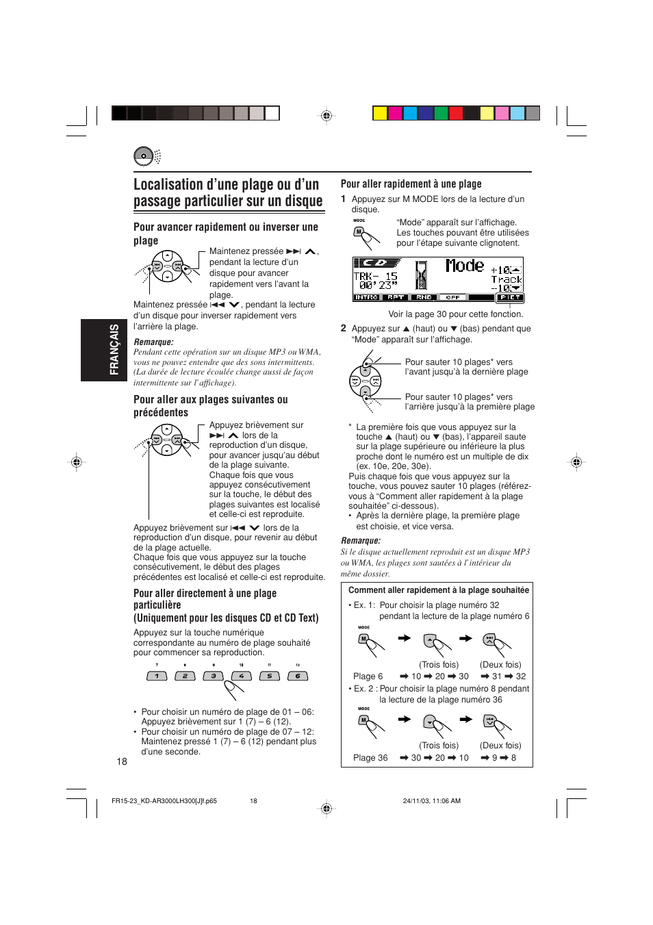 Fran ç ais pour aller rapidement à une plage, Pour avancer rapidement ou inverser une plage | JVC GET0201-001A User Manual | Page 130 / 171