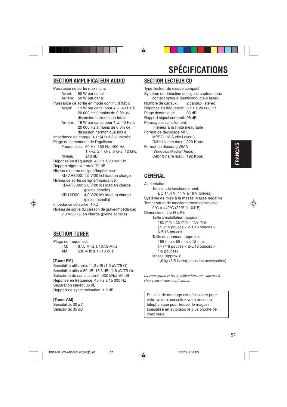 Spécifications, Général, Français | JVC GET0201-001A User Manual | Page 169 / 171