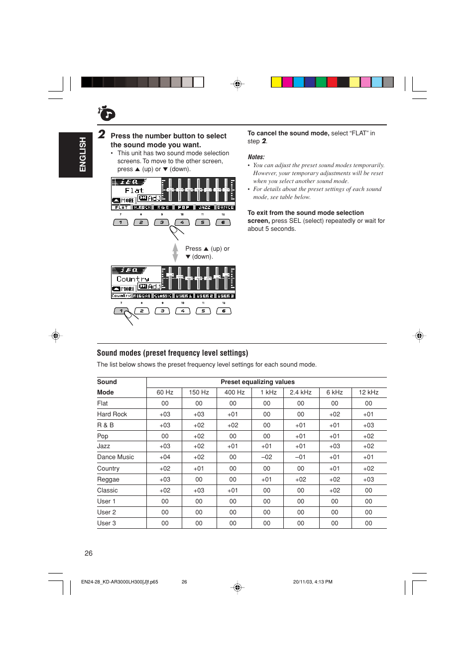 English, Sound modes (preset frequency level settings) | JVC GET0201-001A User Manual | Page 26 / 171