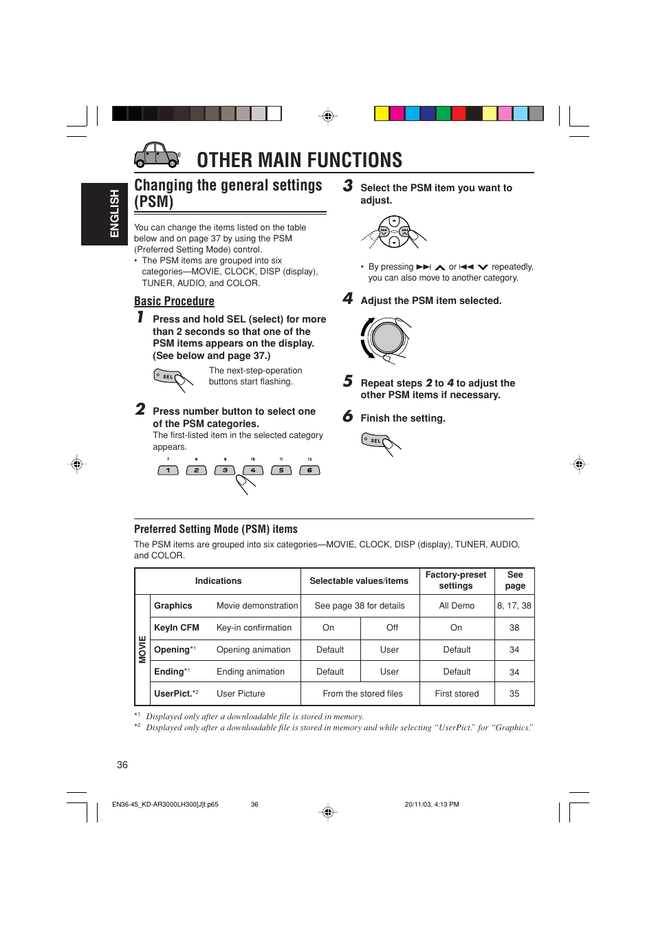 Other main functions, Changing the general settings (psm), Basic procedure | JVC GET0201-001A User Manual | Page 36 / 171