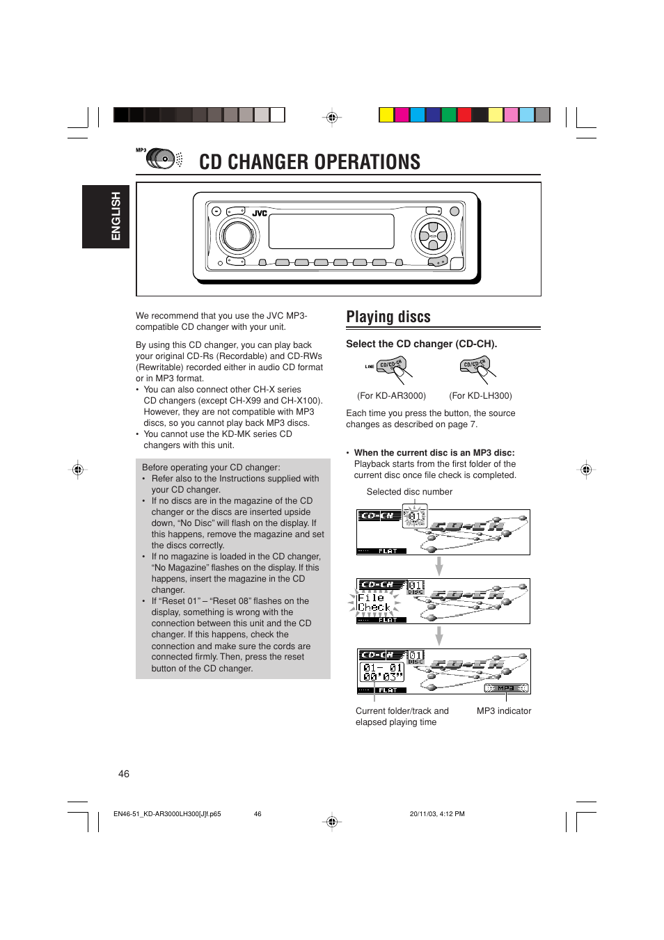 Cd changer operations, Playing discs | JVC GET0201-001A User Manual | Page 46 / 171