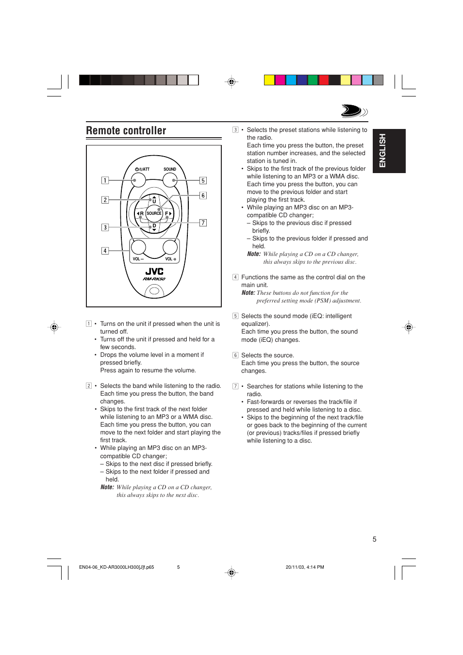 Remote controller, English | JVC GET0201-001A User Manual | Page 5 / 171