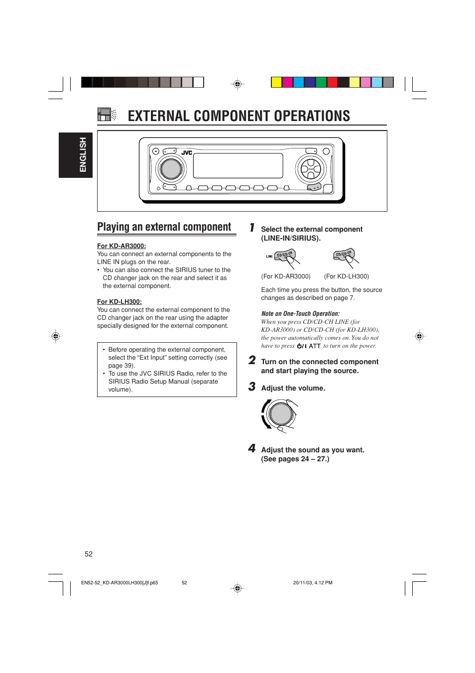 External component operations, Playing an external component | JVC GET0201-001A User Manual | Page 52 / 171