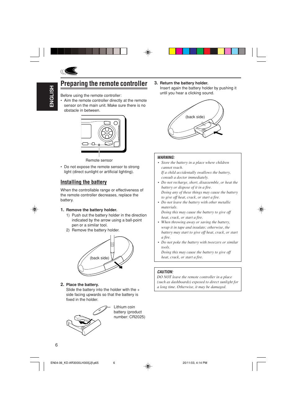 Preparing the remote controller, Installing the battery, English | JVC GET0201-001A User Manual | Page 6 / 171