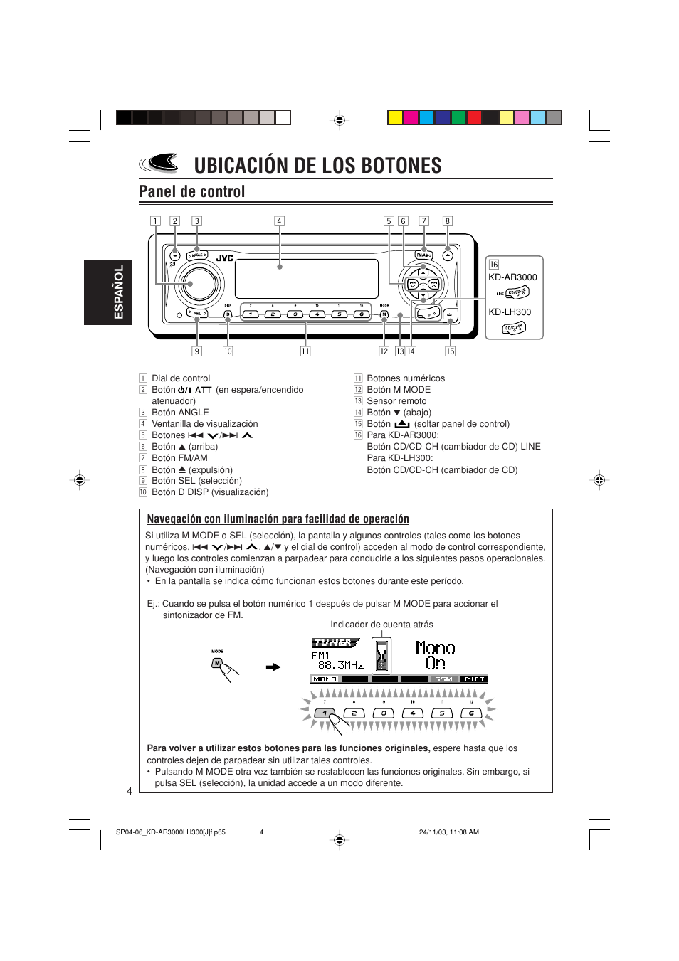 Ubicación de los botones, Panel de control | JVC GET0201-001A User Manual | Page 60 / 171