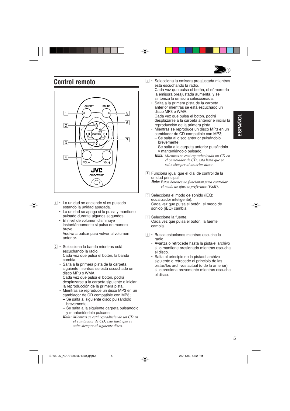 Control remoto, Esp añol | JVC GET0201-001A User Manual | Page 61 / 171