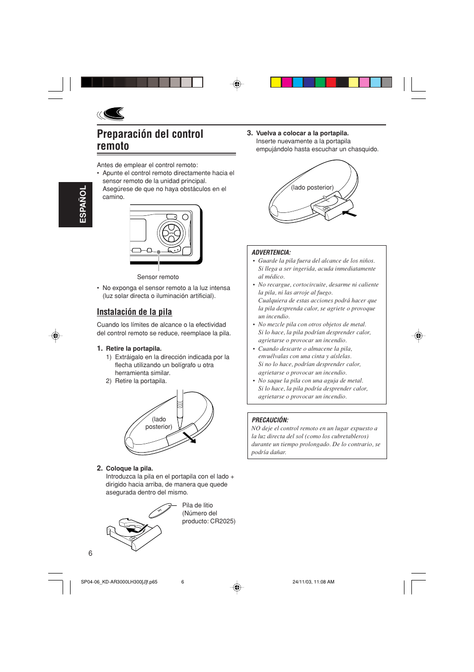 Preparación del control remoto, Instalación de la pila | JVC GET0201-001A User Manual | Page 62 / 171