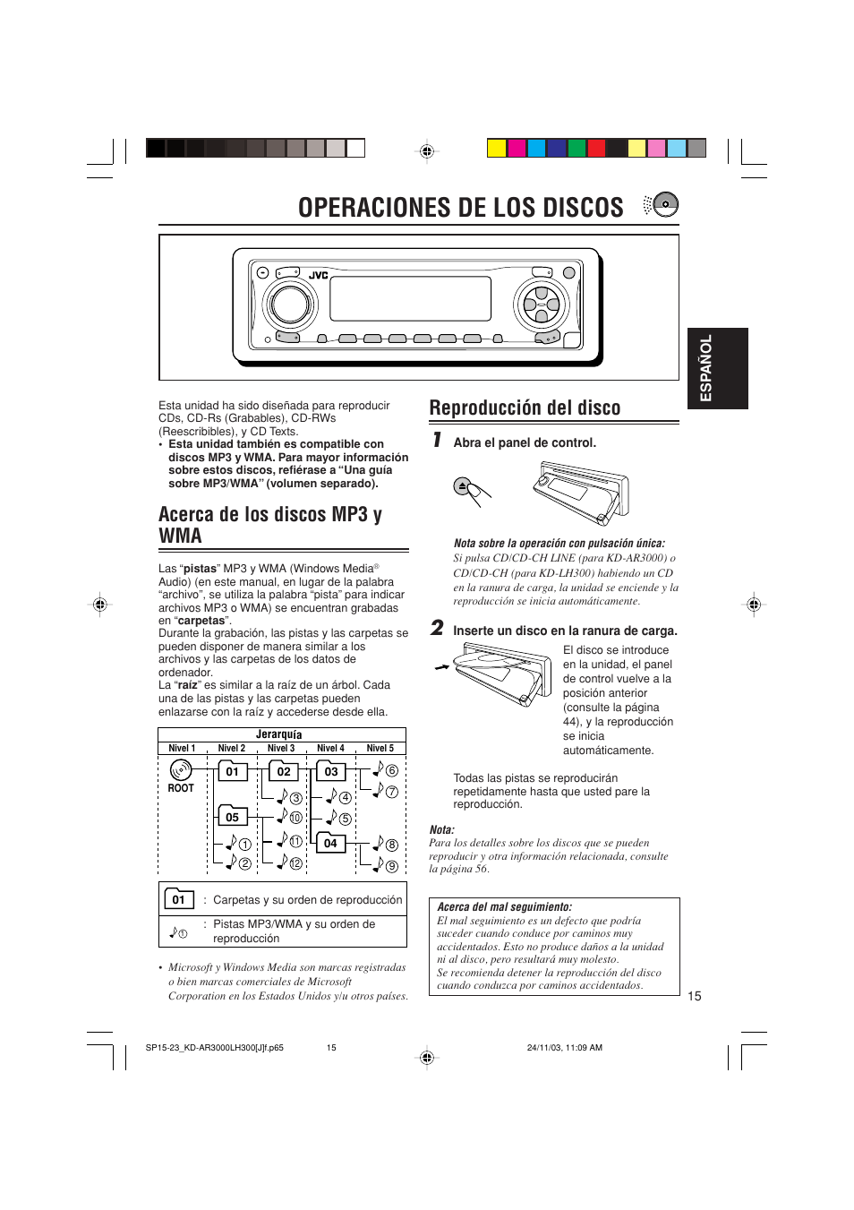 Operaciones de los discos, Acerca de los discos mp3 y wma, Reproducción del disco 1 | JVC GET0201-001A User Manual | Page 71 / 171