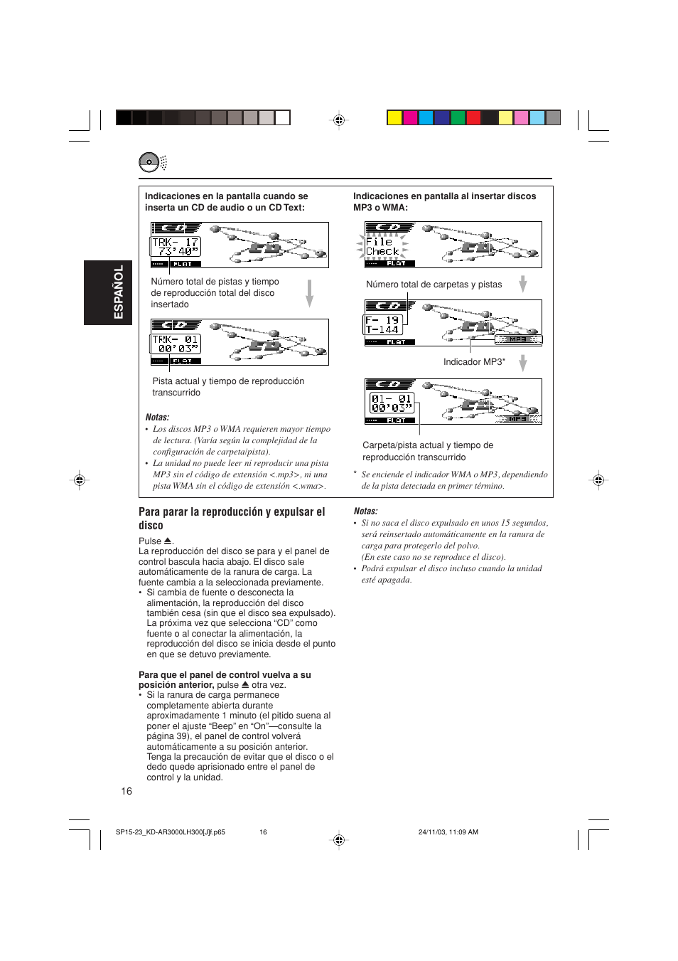 Esp a ñ ol, Para parar la reproducción y expulsar el disco | JVC GET0201-001A User Manual | Page 72 / 171