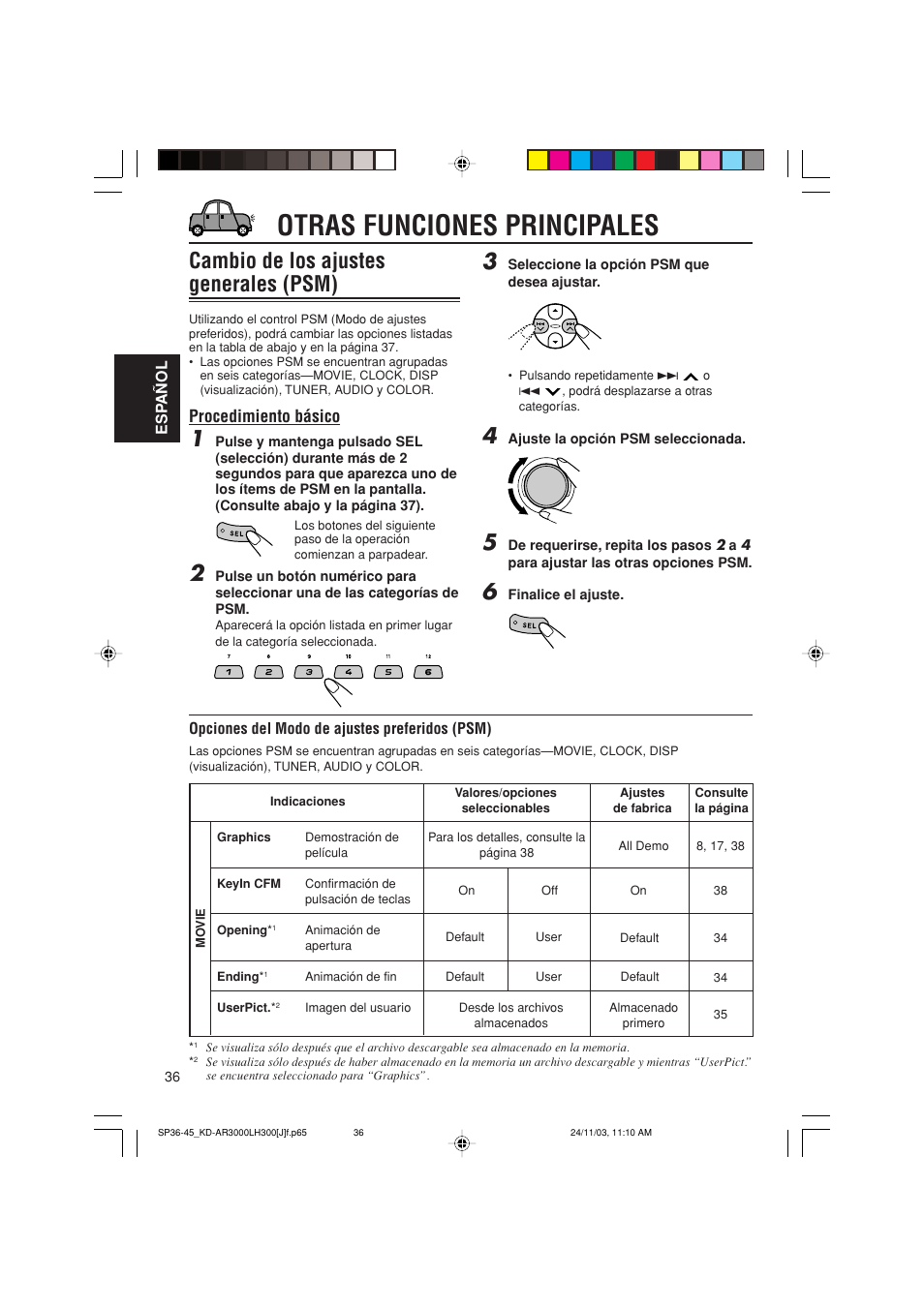 Otras funciones principales, Cambio de los ajustes generales (psm), Procedimiento básico | JVC GET0201-001A User Manual | Page 92 / 171