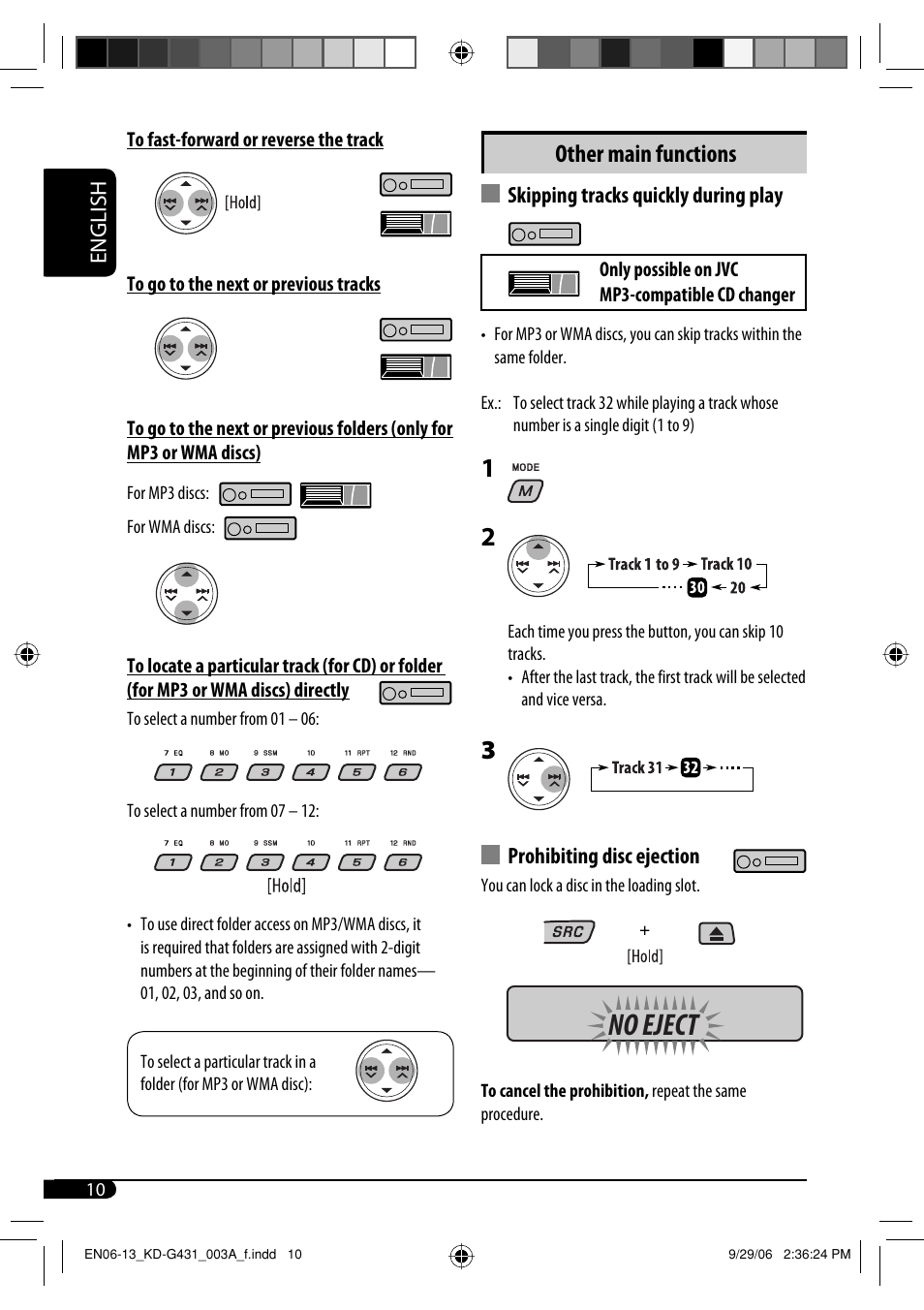 No eject, Other main functions | JVC KD-G431 User Manual | Page 10 / 28