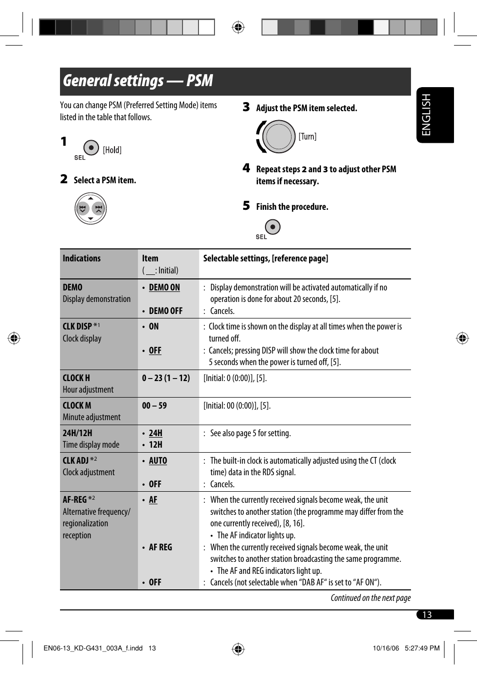 General settings — psm, English | JVC KD-G431 User Manual | Page 13 / 28