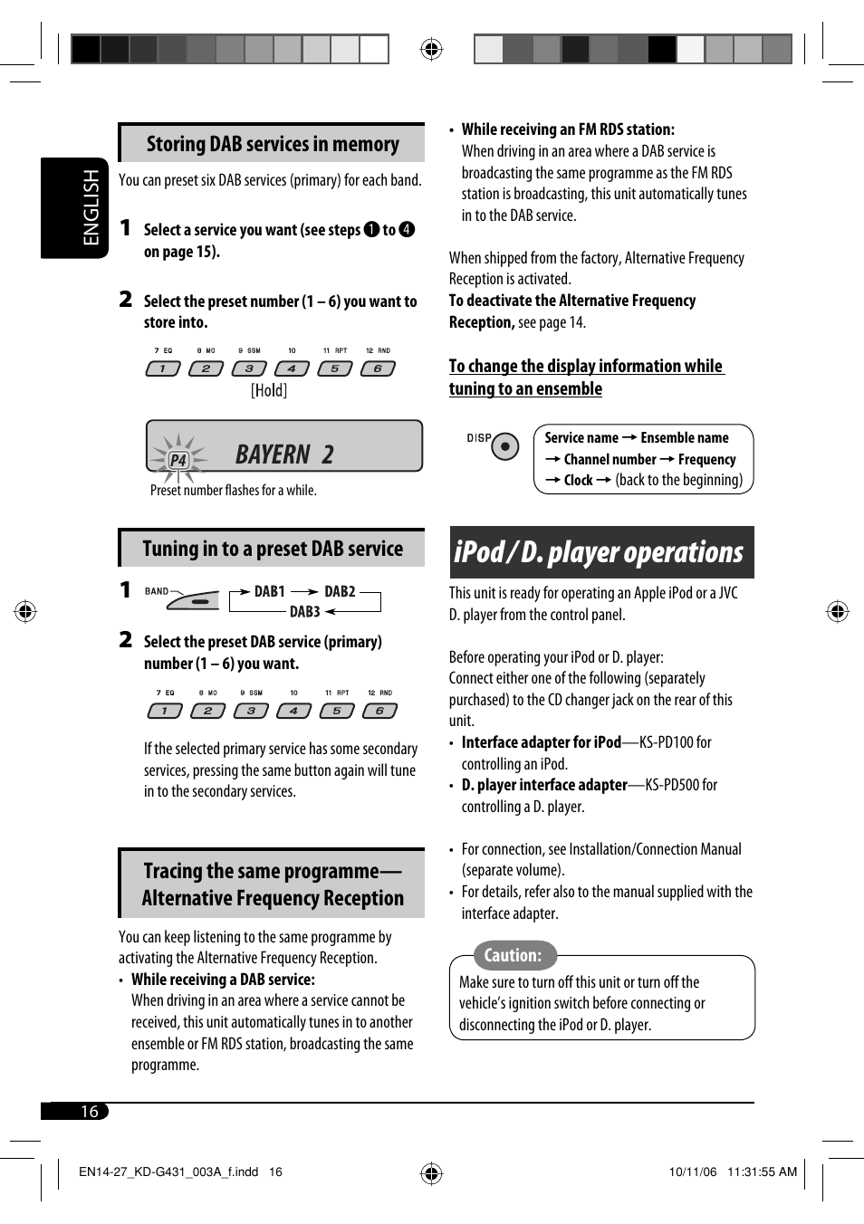 Ipod / d. player operations, Bayern 2, Tuning in to a preset dab service | English | JVC KD-G431 User Manual | Page 16 / 28