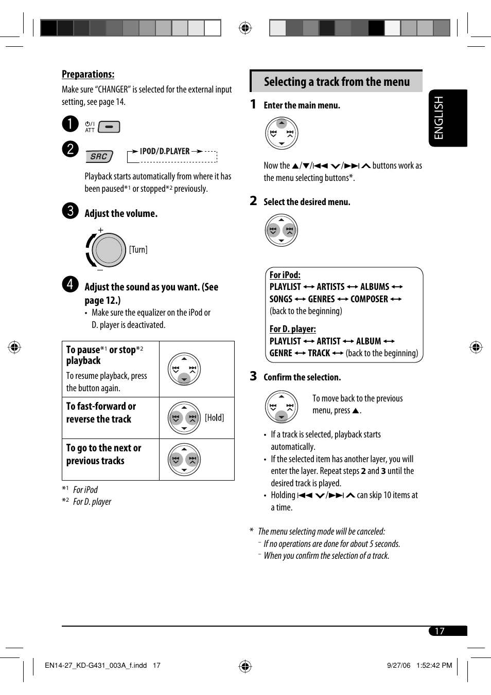 Selecting a track from the menu, English | JVC KD-G431 User Manual | Page 17 / 28