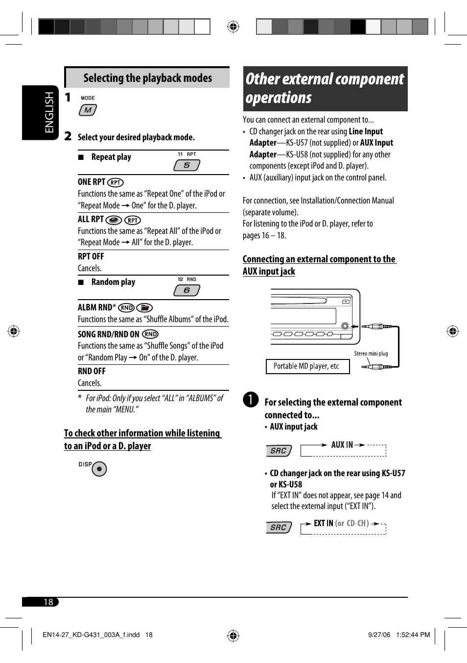 Other external component operations, Selecting the playback modes, English | JVC KD-G431 User Manual | Page 18 / 28