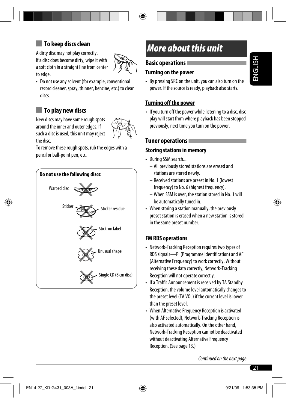 More about this unit, English, Basic operations | Tuner operations | JVC KD-G431 User Manual | Page 21 / 28