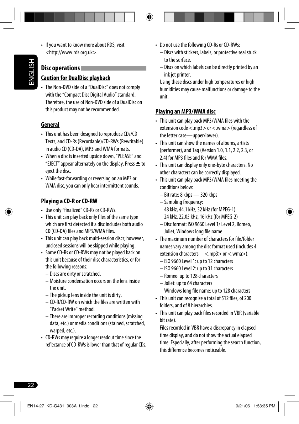 English, Disc operations | JVC KD-G431 User Manual | Page 22 / 28