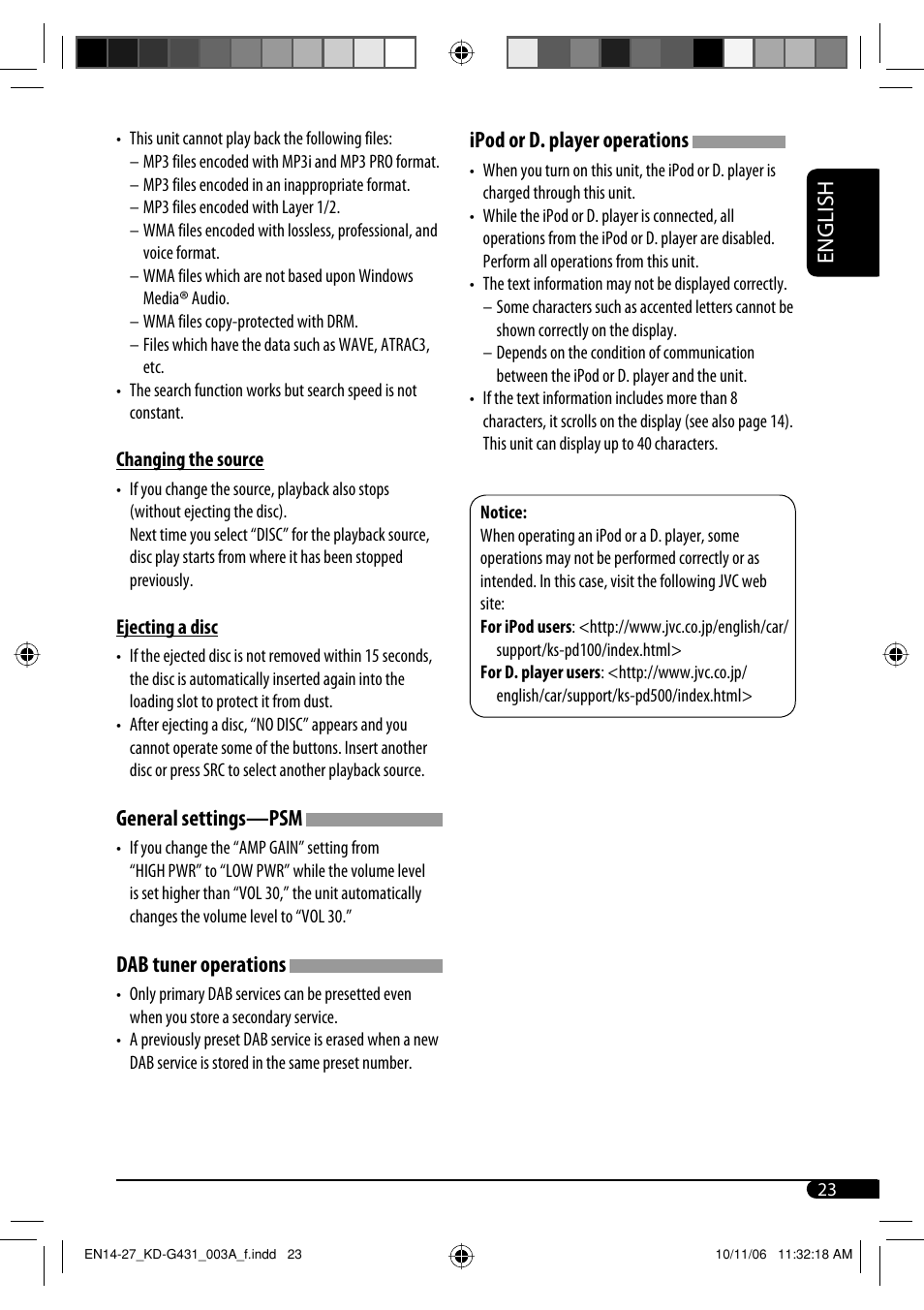 English, General settings—psm, Dab tuner operations | Ipod or d. player operations | JVC KD-G431 User Manual | Page 23 / 28