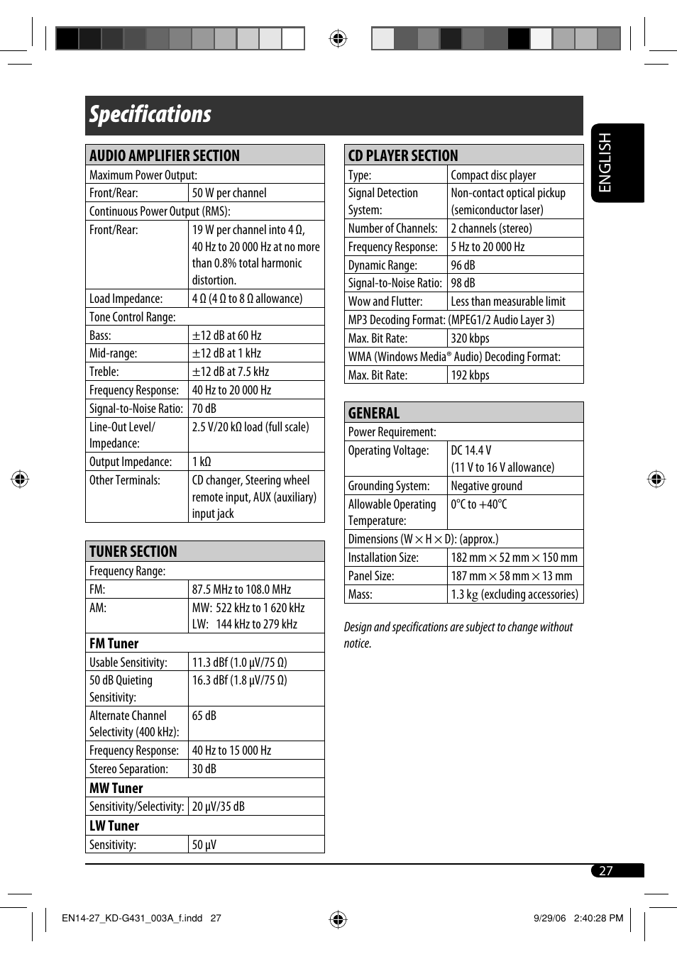 Specifications, English, General | JVC KD-G431 User Manual | Page 27 / 28