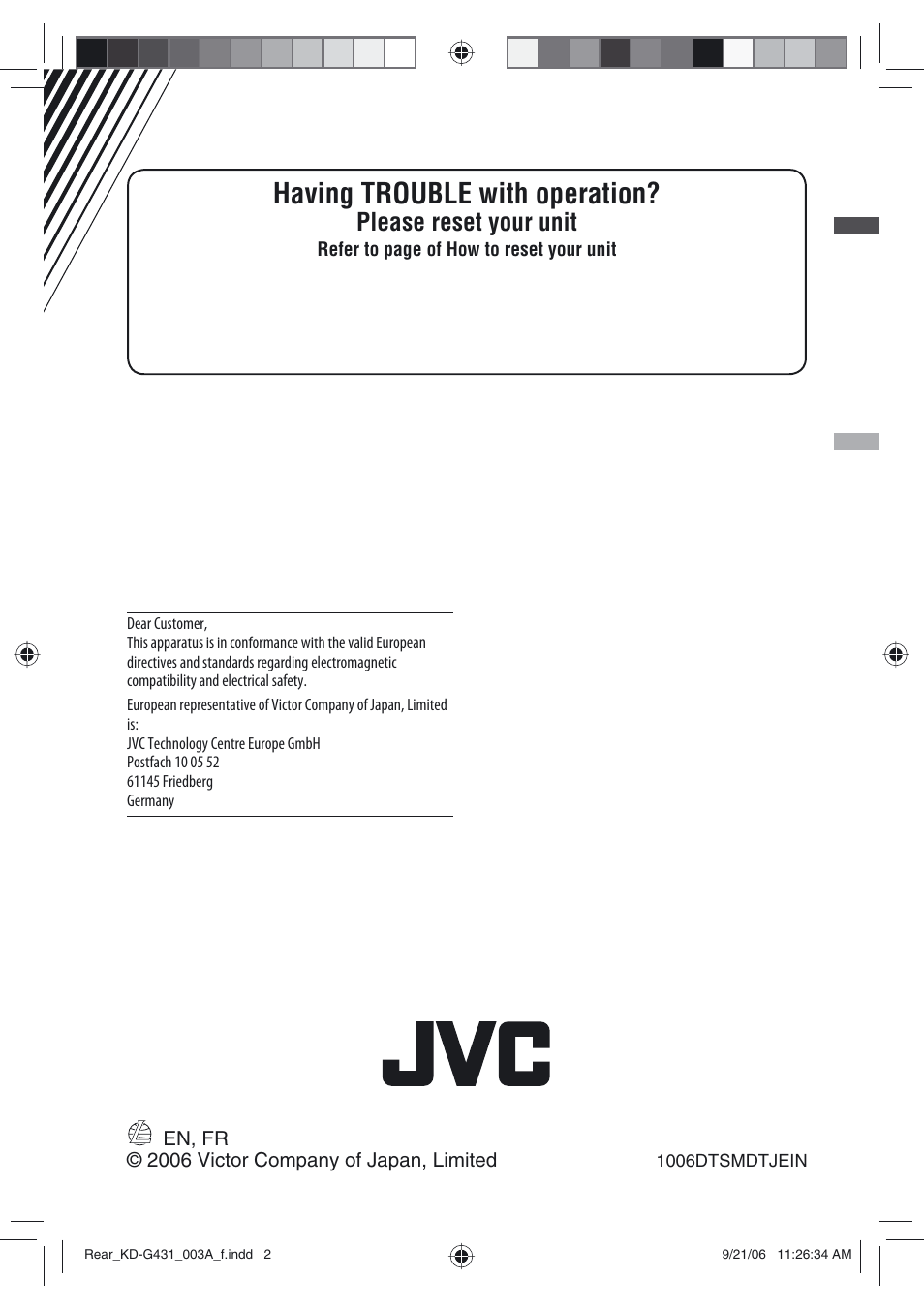Having trouble with operation, Please reset your unit | JVC KD-G431 User Manual | Page 28 / 28