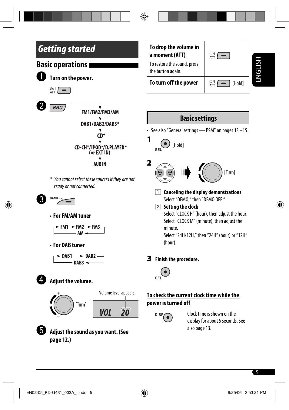 Getting started, Vol 20, Basic operations | JVC KD-G431 User Manual | Page 5 / 28