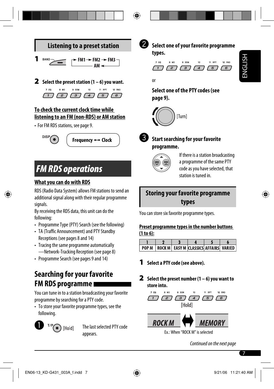 Fm rds operations, Searching for your favorite fm rds programme, Storing your favorite programme types | Listening to a preset station | JVC KD-G431 User Manual | Page 7 / 28